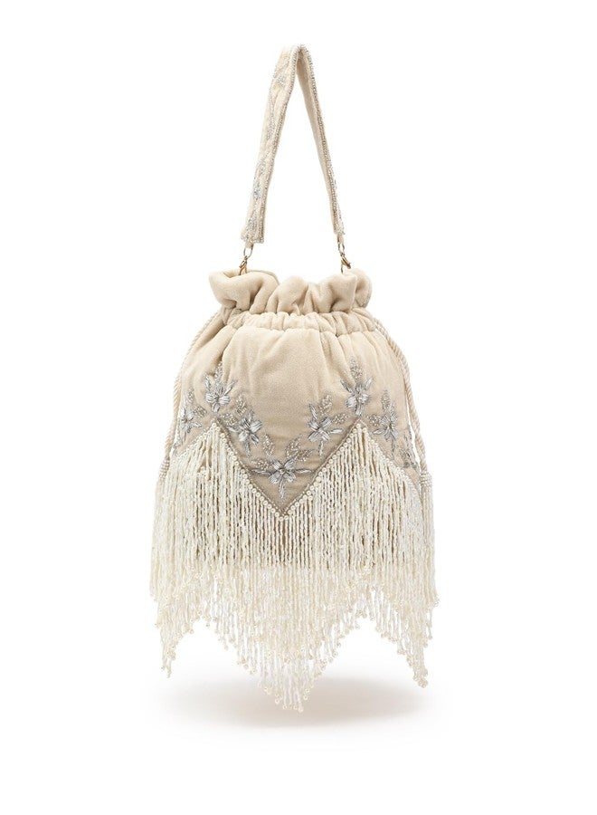 Anekaant Dewdrop Fringe Ecru Velvet Potli for Women | Floral Zari Embroidered Drawstring Bag with Statement Fringe Detailing - Image 1